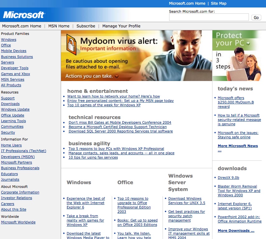Homepage with MyDoom virus info (2004)